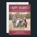 Happy Holidays Rustic Red Wine Photo Feiertagskarte<br><div class="desc">Send your holiday wishes in style with this simple and warm photo greeting! Card features two photos (front and back) of your family and custom handwritten style text that can be personalized. Design colors: white and deep garnet / burgundy red with a rustic suede textured appearance. Front photo photography ©...</div>