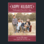 Happy Holidays Rustic Red Wine Photo Feiertagskarte<br><div class="desc">Send your holiday wishes in style with this simple and warm photo greeting! Card features two photos (front and back) of your family and custom handwritten style text that can be personalized. Design colors: white and deep garnet / burgundy red with a rustic suede textured appearance. Front photo photography ©...</div>