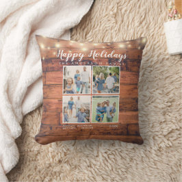 Happy Holidays Rustic Wood String Lights Foto Kissen