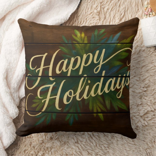Happy Holidays Rustikale Holzplatten in blau gestr Kissen (Decke)