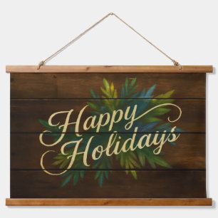 Happy Holidays Rustikale Holzplatten in blau gestr Wandteppich Mit Holzrahmen