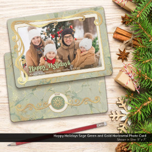 Happy Holidays Sage Green & Gold Foto Card Feiertagskarte