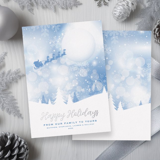Happy Holidays Santa Script Blue Snow Real Folien Feiertagskarte (Happy Holidays Santa Script Blue Snow Real Foil Holiday Card)