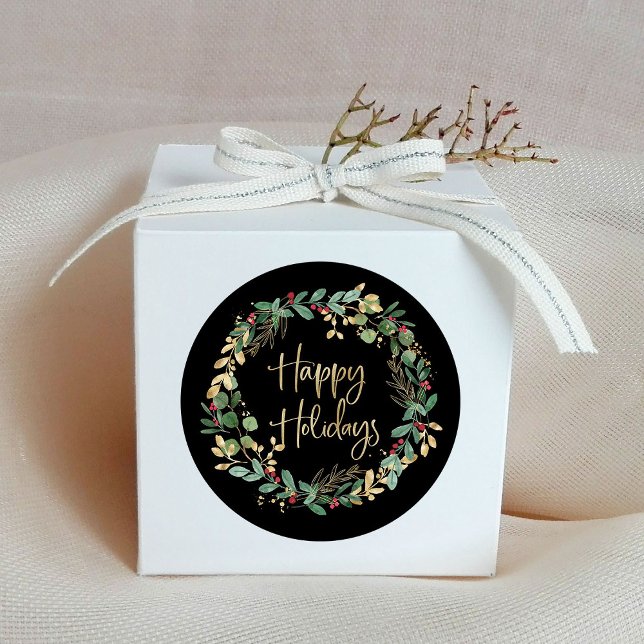 Happy Holidays | Schwarze und moderne Imitate - Go Runder Aufkleber (Elegant black holiday stickers with a green and faux gold wreath)