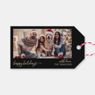 Happy Holidays Script Black Gold Family Foto Geschenkanhänger