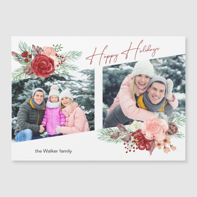 Happy Holidays Script Floral Diagonal 2-Foto Magnetkarte (Vorderseite)