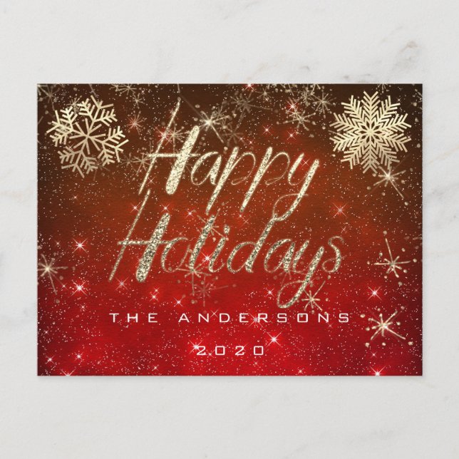 Happy Holidays Script Gold Snow Red Spark Name Postkarte (Vorderseite)