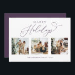 Happy Holidays Script Lila 2 Multi-Foto  Feiertagskarte<br><div class="desc">Erschaffen Sie schöne Erinnerungen in dieser Ferienzeit mit dieser Multi-Foto Collage Urlaubskarte. Diese Karte verfügt über ein modernes minimalistisches Skript mit Ihren Lieblings-Fotos auf der Vorderseite und eines auf der Rückseite. Personalisieren Sie diese vollständig anpassbare Karte mit Ihrer Begrüßung,  Nachricht,  Familienname und Jahr.</div>