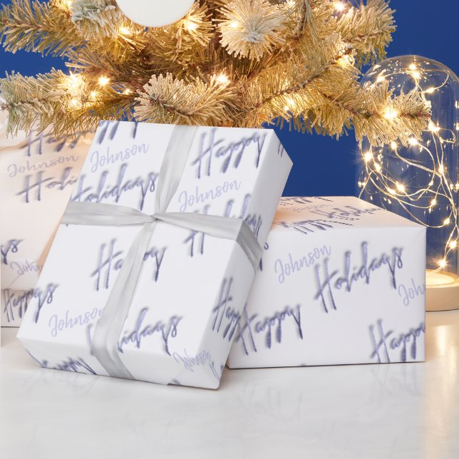 Happy Holidays Script Name Blue White Winter Geschenkpapier (Feiertage)