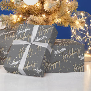 Happy Holidays Script Name Gold Confetti Gray Geschenkpapier