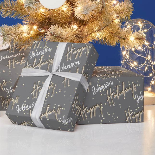 Happy Holidays Script Name Gold Confetti Gray Geschenkpapier (Feiertage)