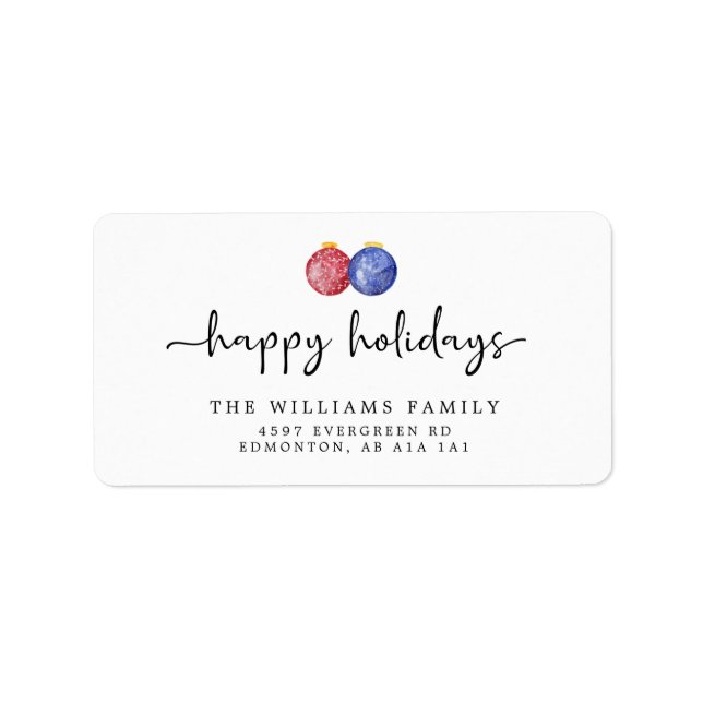 Happy Holidays Script Red Blue Weihnachtsschmuck Adressaufkleber (Vorne)