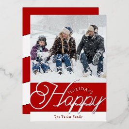 Happy Holidays Script Red & Silver Foto Weihnachte Folien Feiertagskarte