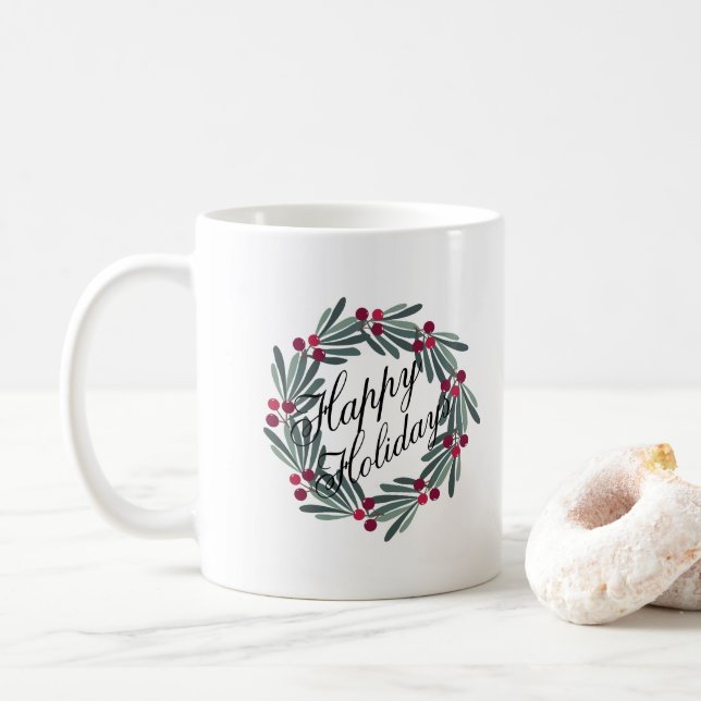 Happy Holidays Script White Wreath Hübsch Kaffeetasse (Mit Donut)