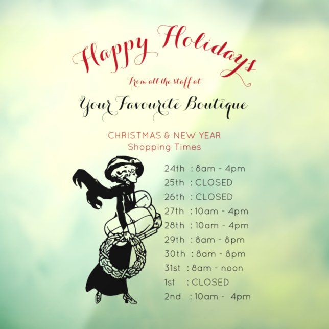 Happy Holidays Shopping Girl Zeitplan schwarz rot Fensteraufkleber (Blatt 3)