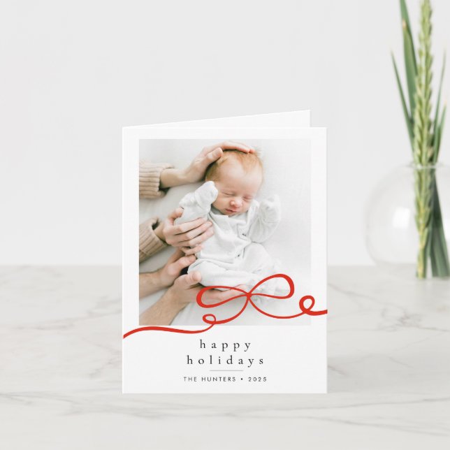 Happy Holidays Simple Red Ribbon Photo Folded Karte (Vorderseite)