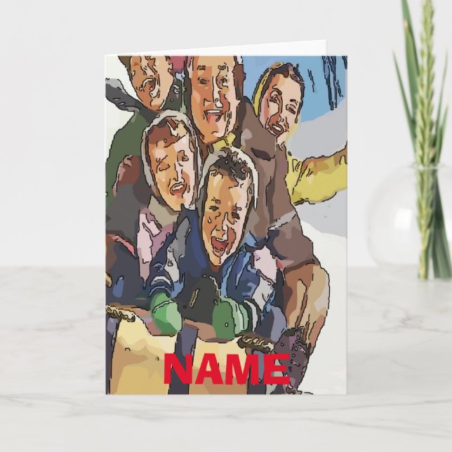 Happy Holidays Sled Ride Name Feiertagskarte (Vorderseite)