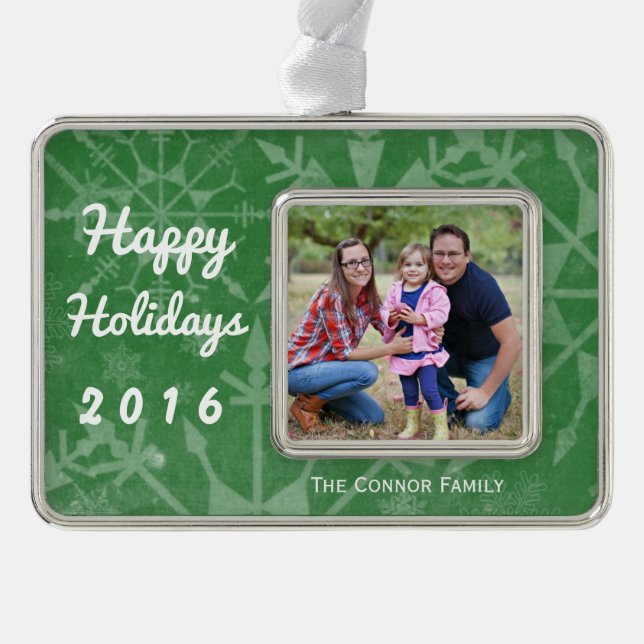 Happy Holidays Snowflake Foto Keepake Rahmen-Ornament Silber (Vorderseite)