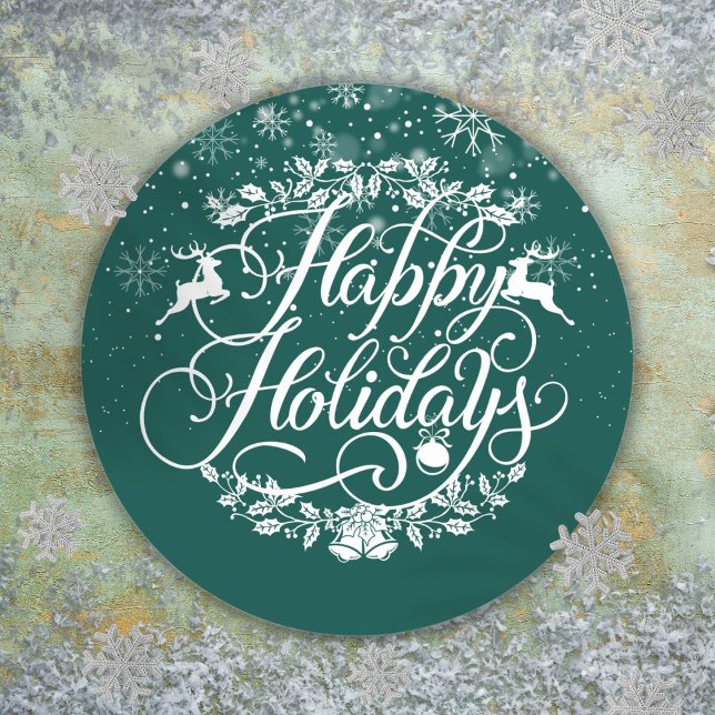 Happy Holidays Snowflakes Grüne Weihnachten Runder Aufkleber (Happy Holidays Snowflakes Green Christmas Classic Round Sticker)