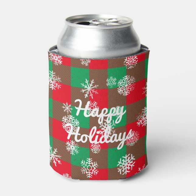 Happy Holidays Snowflakes Weihnachtsbüffel Kariert Dosenkühler (Kanne Vorderseite)