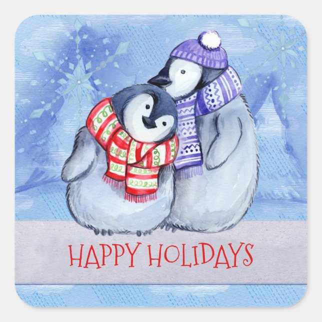 Happy Holidays Snowman Couple Quadratischer Aufkleber (Vorderseite)