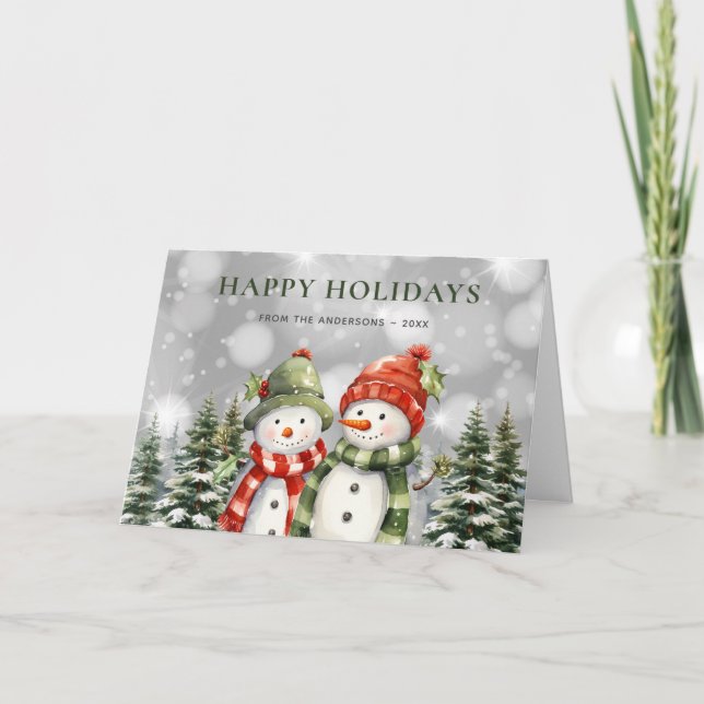 Happy Holidays Snowman Forest Poinsettia Holiday Karte (Vorderseite)