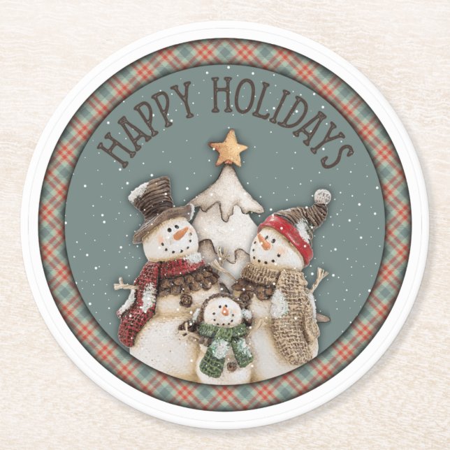 Happy Holidays Snowmen Round Paper Untersetzer (Vorderseite)