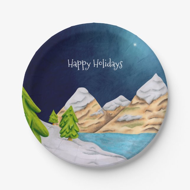 Happy Holidays Snowy Mountain Starry Night Pappteller (Vorderseite)