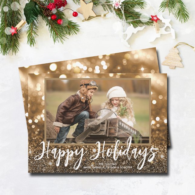 Happy Holidays Sparkle Foto Feiertagskarte (Happy Holidays bronze sparkle holiday photo cards)