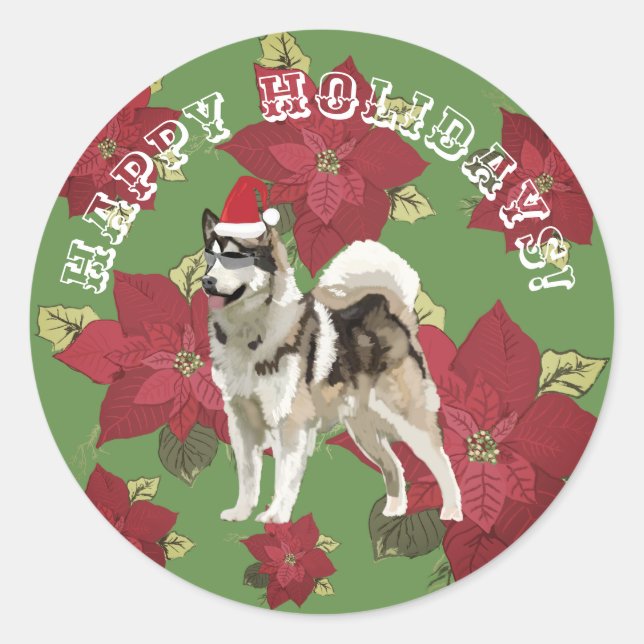 Happy Holidays Sticker, Husky, Blume Runder Aufkleber (Vorderseite)