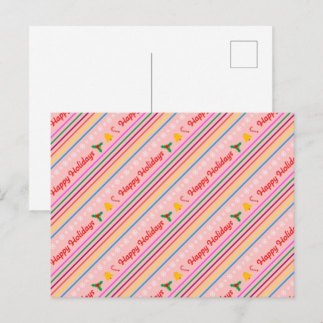 Happy Holidays Streifen Feiertagspostkarte (Vorne/Hinten)