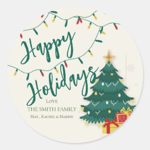 Happy Holidays String Lights Tree Niedliches Weihn Runder Aufkleber