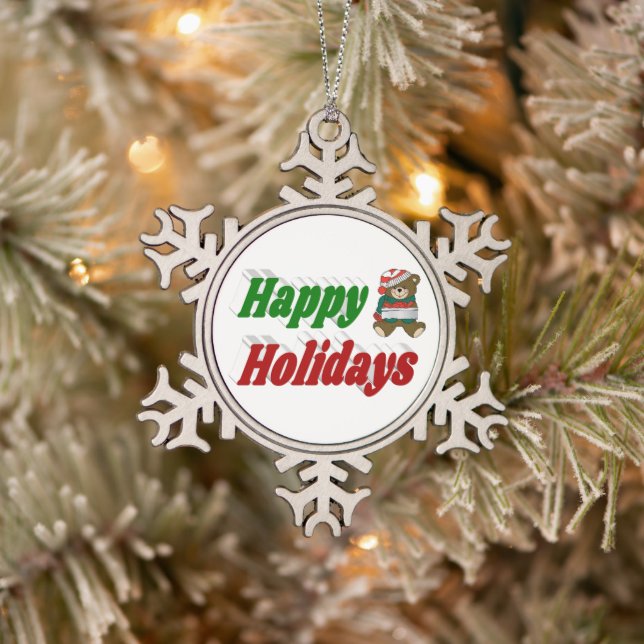 Happy Holidays Teddy Bar Typografie Schneeflocken Zinn-Ornament (Baum)