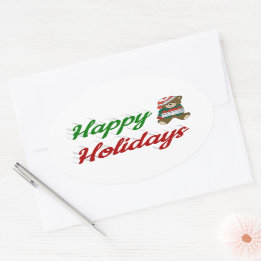 Happy Holidays Teddy Bear Weihnachtsskript Ovaler Aufkleber