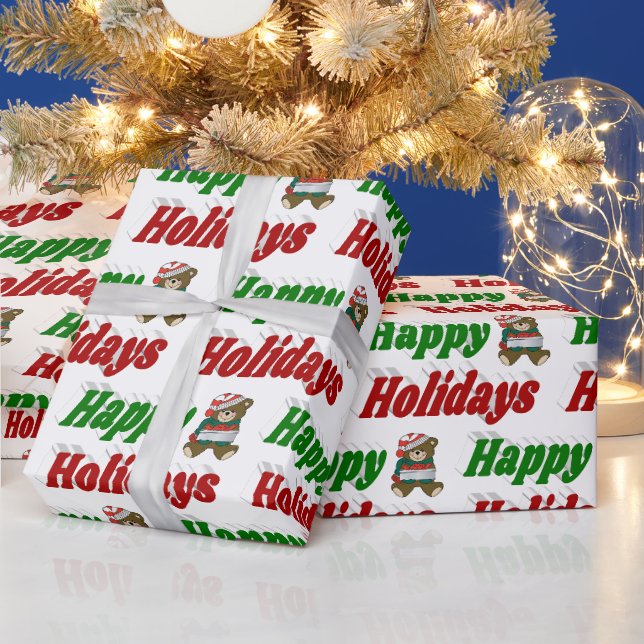 Happy Holidays Teddy Bear Weihnachtstypografie Geschenkpapier (Feiertage)