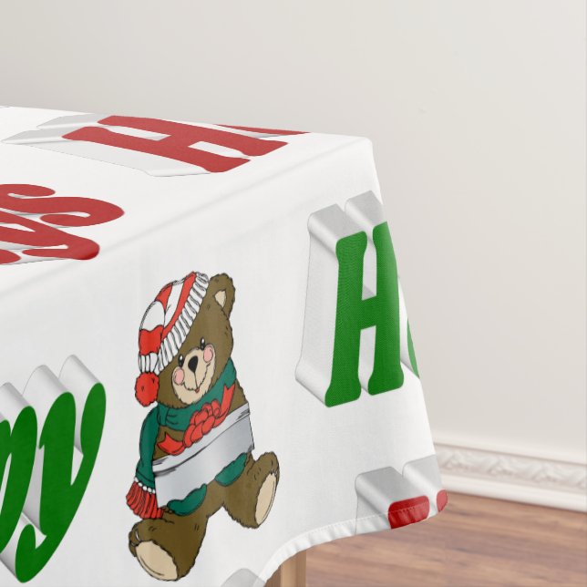 Happy Holidays Teddy Bear Weihnachtstypografie Tischdecke (Beispiel)