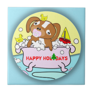 Happy Holidays Tile Puppy Bathtub Fliese