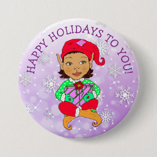 Happy Holidays to You Girl Elf und Schneeflocken Button