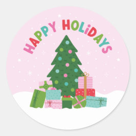Happy Holidays Tree with Xmas Gifts in Pastel Pink Runder Aufkleber