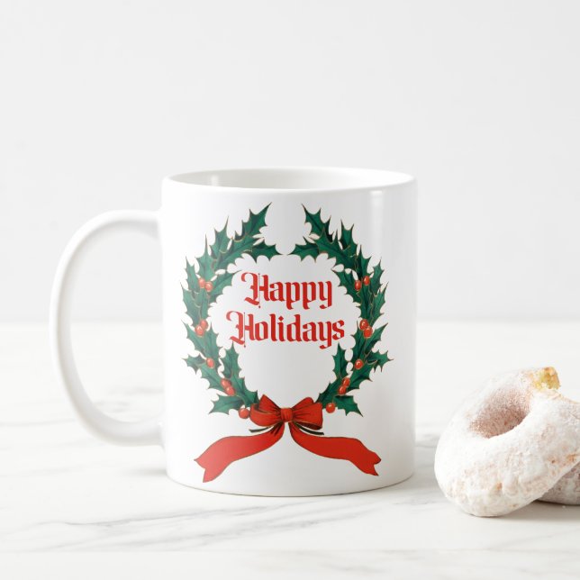 Happy Holidays Vintag Heiliger Weihnachtskranz Kaffeetasse (Mit Donut)