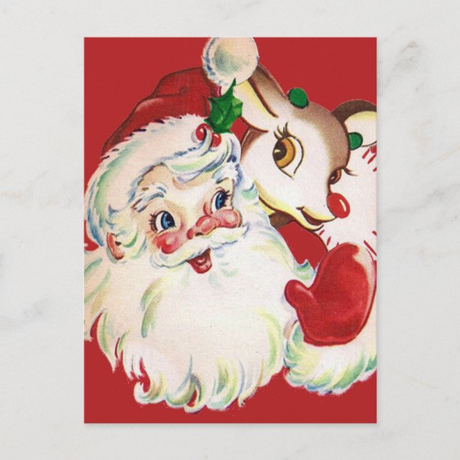 HAPPY HOLIDAYS | Vintager Santa & Rudolph Postkarte (Vorderseite)