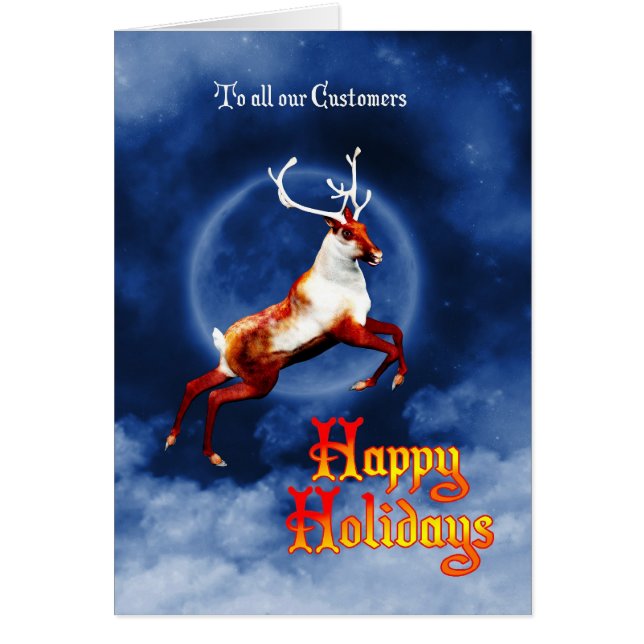 Happy Holidays Visitenkarte mit fliegenden Rentier (Vorne)