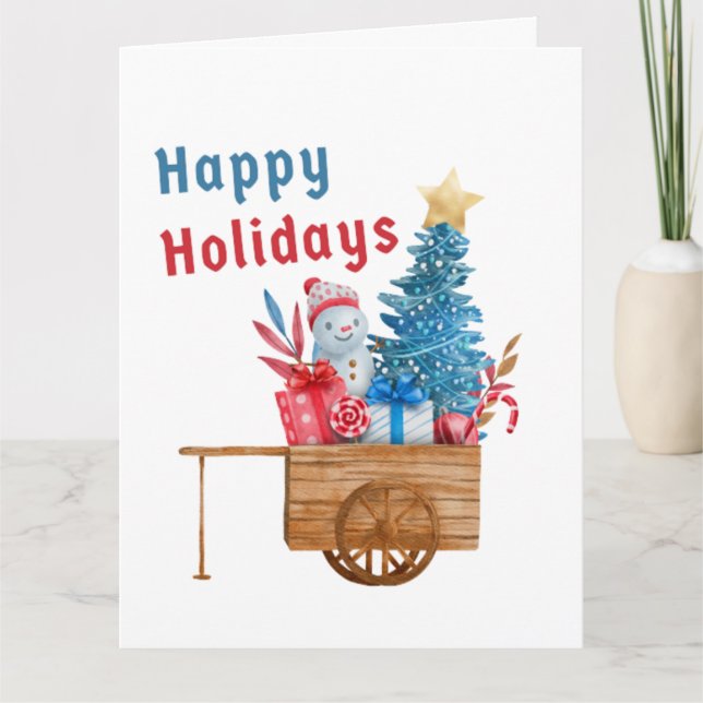 Happy Holidays Wagon mit Snowman Karte (Vorderseite)