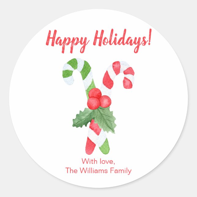 Happy Holidays | Wasserfarbe Candy Cane Weihnachte Runder Aufkleber (Vorderseite)