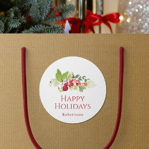 Happy Holidays Watercolor Berry Branch Runder Aufkleber