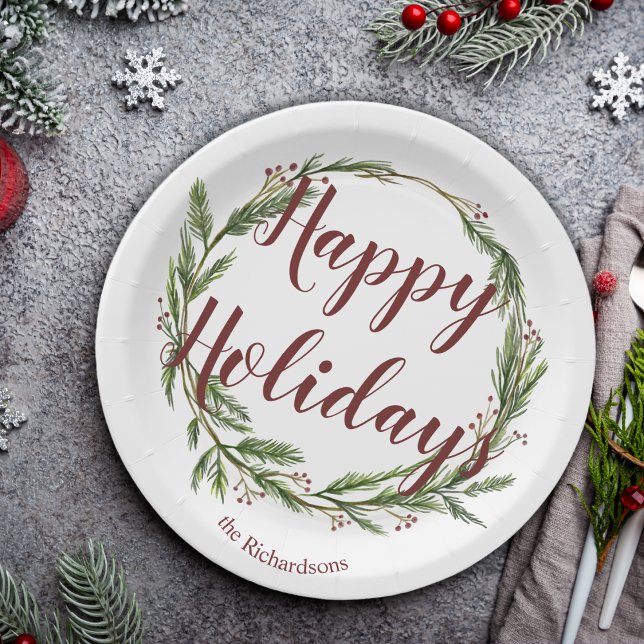 Happy Holidays Watercolor Pine Wreath Pappteller (Von Creator hochgeladen)