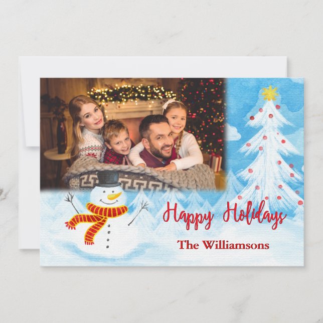 Happy Holidays Watercolor Snowman Foto Weihnachten (Vorderseite)