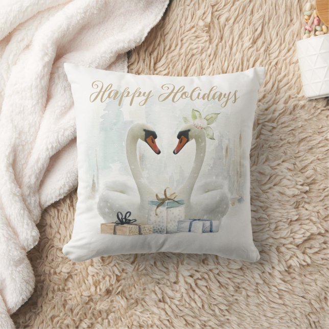 Happy Holidays Watercolor Winter Swans Kissen (Decke)