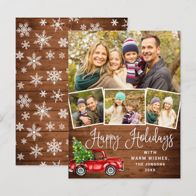Happy Holidays Weihnachten Roter LKW 4 Fotokarte Postkarte (Vorne/Hinten)