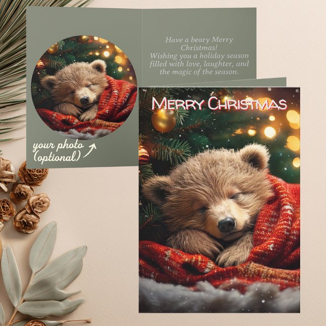 Happy Holidays Weihnachten Schlummerbär (Cozy sleeping bear cub folded Christmas Holiday card. Personalised family photo option inside)